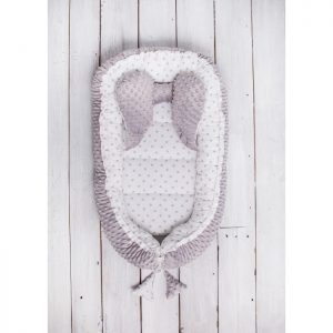 kūdikio lizdelis- kokonas minky pilka balta su pagalvėle