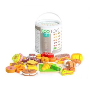 žaislas pjaustomi mediniai maisto produktai kibirėlyje