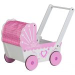 lėlės vežimėlis stumdukas medinis rožinis baltas