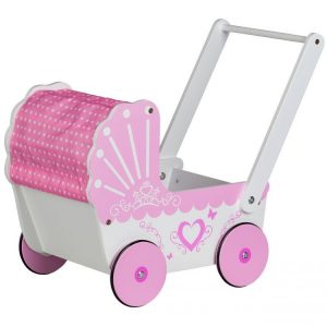 lėlės vežimėlis stumdukas medinis rožinis baltas