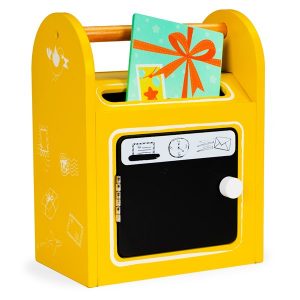 žaislinė pašto dežutė su laiškais geltona