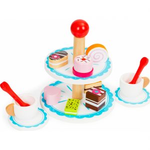 medinis žaislas pyragaičių stovas su puodeliais arbatai margi