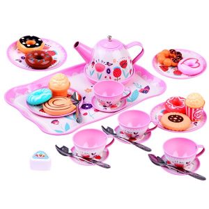 žaislinis metalinis arbatos servizas su priedais rožinis