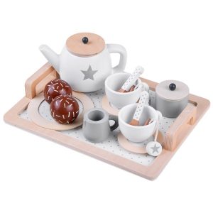žaislinis medinis arbatos servizas su priedais balta pilka ruda