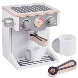 žaislinis medinis kavos aparatas su puodeliu balta pilka
